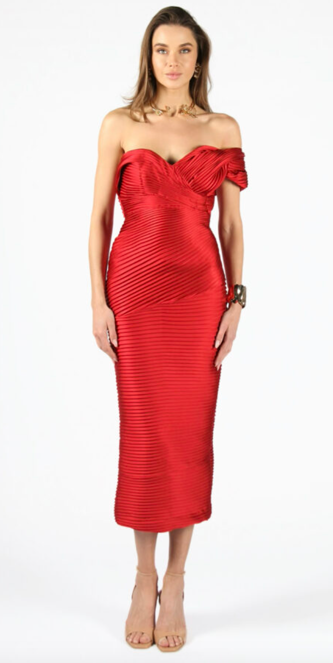 Maya Pleated Off Shoulder Dress